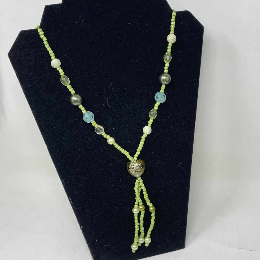 Bohemian Style Green Beaded Necklace w/ Tassels Glass Heart Bead 18" Statement